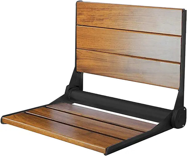 Home Aesthetics 18" ADA Compliant Wall-Mounted Folding Serena Teak Wood Shower Bench Seat with Matte Black Frame