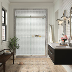 Up to 2 walls & multiple product categories visible Up to 2 walls & multiple product categories visible View Gallery Levity® Plus Frameless sliding bath door, 61-9/16" H x 56-5/8 - 59-5/8" W, with 5/16"-thick Crystal Clear glass